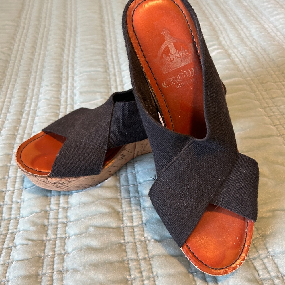 Crown Vintage Black Wedge Platform Cork Sandals - 8
